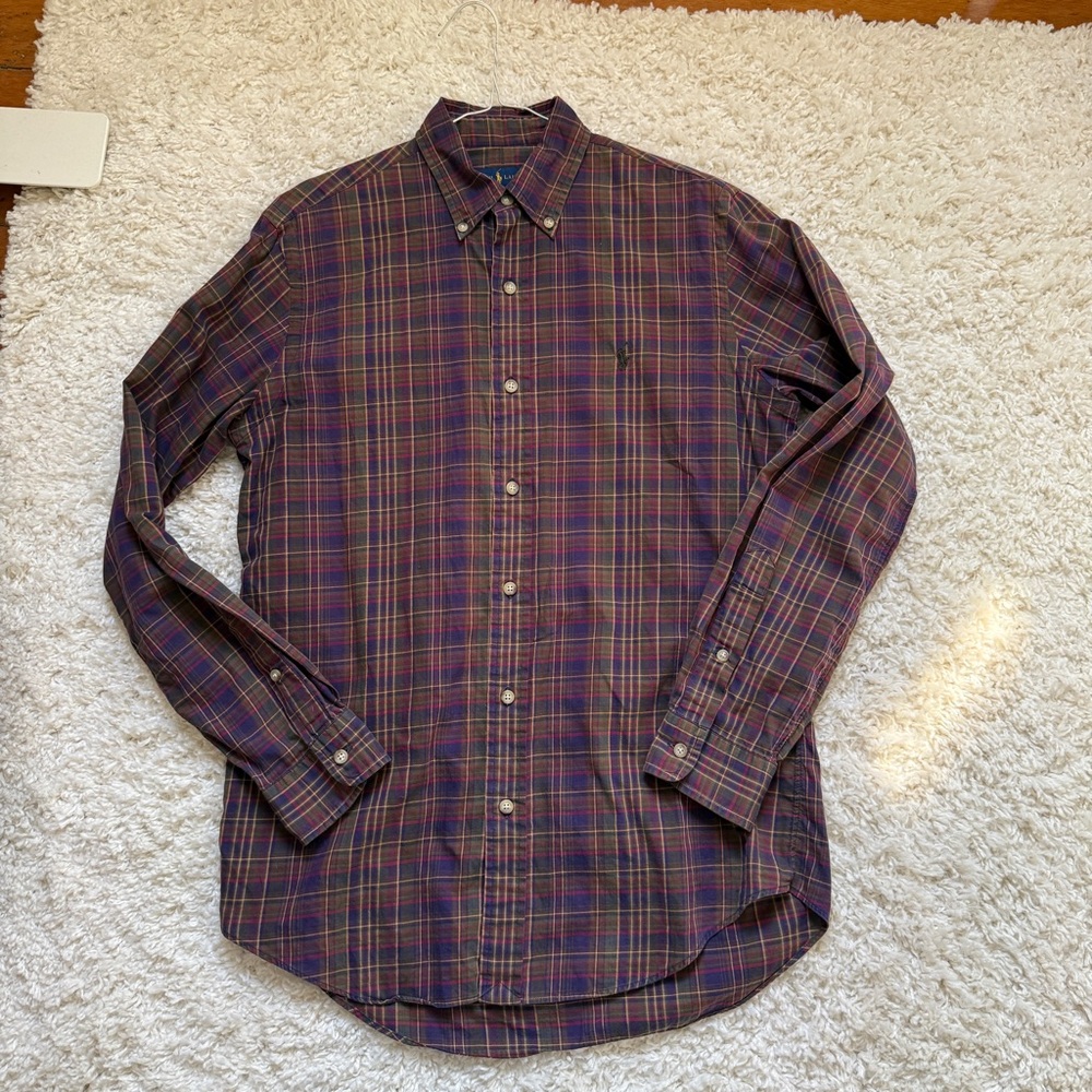 Ralph Lauren Men's Burgundy and Navy Plaid Button-Down Shirt. Size Small